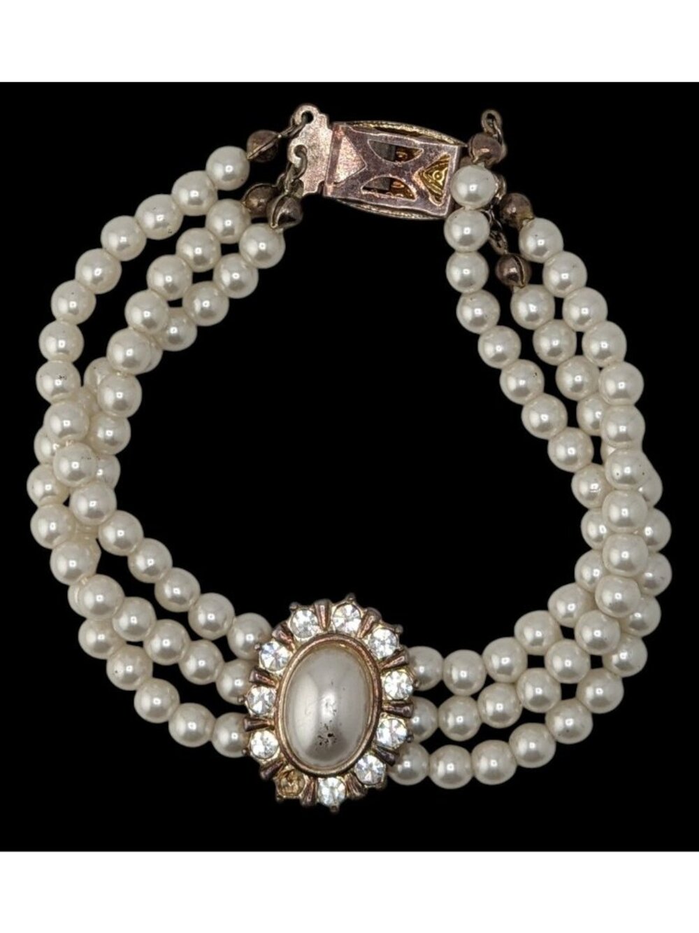 Vintage Faux Pearl Necklace Bracelet Set Rhinestone Victorian Elegance Jewelry - Picture 5 of 14